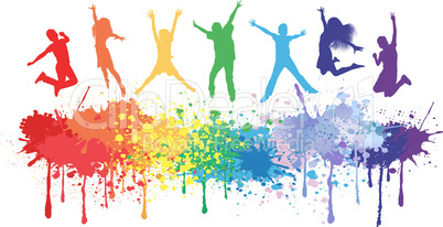 Colorful bright ink splashes and kids jumping