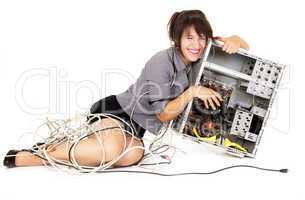 woman laughing with computer