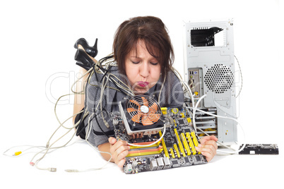 woman blowing computer fan