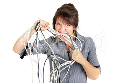 woman biting cables