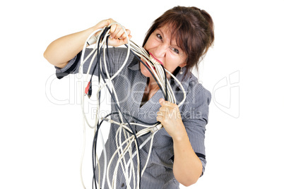 businesswoman biting wires