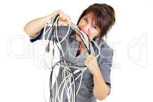 businesswoman biting wires