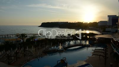 Timelaps of sunset and beach at the luxury hotel, Antalya, Turkey