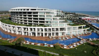 Panning the swimming pool near beach at the luxury hotel, Antalya, Turkey