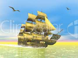 Golden old merchant ship - 3D render
