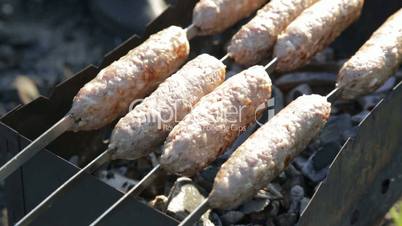 cooking lamb kebab, healthy outdoor picnic