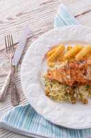 grilled chicken, cabbage salad with nuts and chips