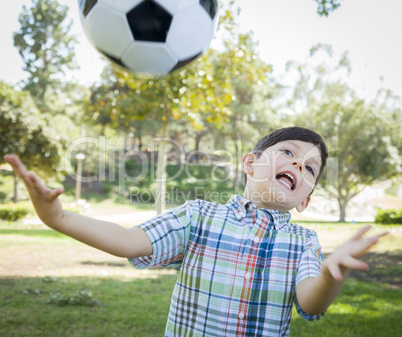 Cute Young Boy Playing with Soccer Ball in Park