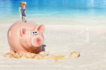 Rosa Sparschwein mit Geldscheinen am Sandstrand