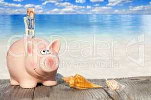 Rosa Sparschwein mit Geldscheinen auf dem Holzsteg