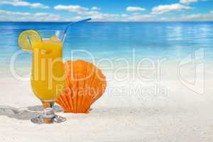 Fruchtiger Cocktail und eine Jakobsmuschel am Strand