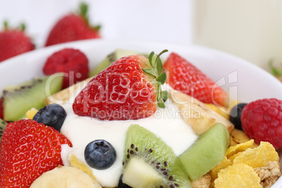 nahaufnahme früchte müsli mit joghurt zum frühstück