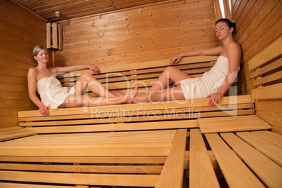 two women relaxing in sauna