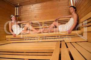 two women relaxing in sauna