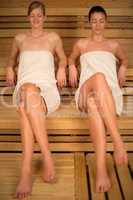 two women relaxing in sauna