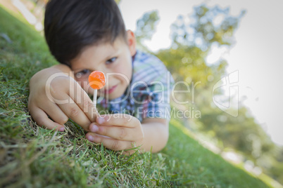 Young Boy Enjoying His Lollipop Outdoors Laying on Grass