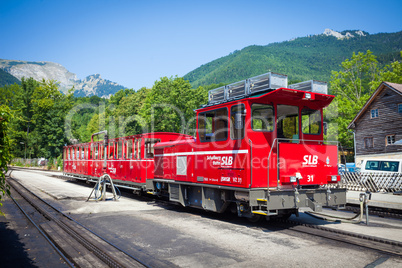 Diesel locomotive of a vintage cogwheel railway going to Schafbe