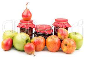 pears and apples and canned jars of jam