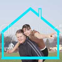 man carrying woman piggyback in the new house
