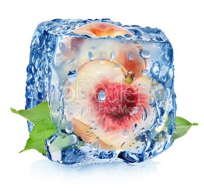 Juicy peach in ice cube
