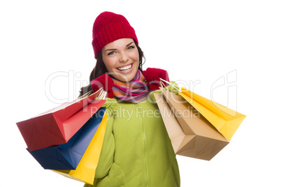Mixed Race Woman Wearing Hat and Gloves Holding Shopping Bags