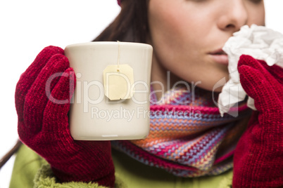 Young Sick Woman Holding Cup with Blank Tea Bag Hanging
