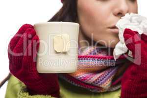 Young Sick Woman Holding Cup with Blank Tea Bag Hanging