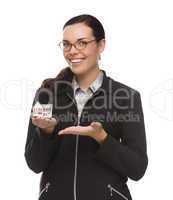 Mixed Race Businesswoman Holding Small House to the Side