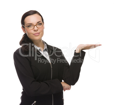 Confident Mixed Race Businesswoman Gesturing with Hand to the Si