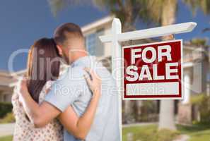 For Sale Real Estate Sign, Military Couple Looking at House