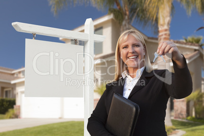 Blank Sign and Real Estate Agent Handing Over the Keys