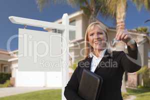 Blank Sign and Real Estate Agent Handing Over the Keys