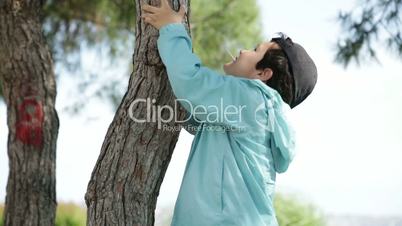 Little boy trying to climb the tree