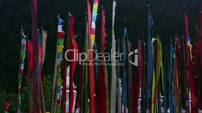 Praying flags at the foothills of a Himalayas