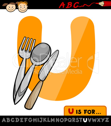 letter u with utensils cartoon illustration