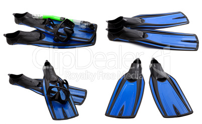 Set of blue swim fins, mask and snorkel for diving