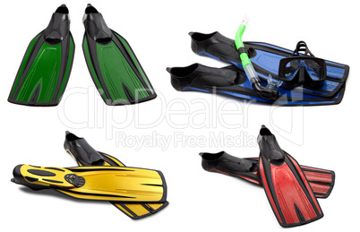 Set of multicolored swim fins, masks and snorkel for diving