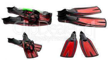 Set of red swim fins, mask and snorkel for diving