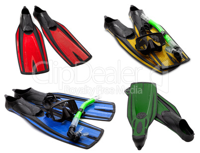 Set of multicolored flippers, mask, snorkel for diving with wate
