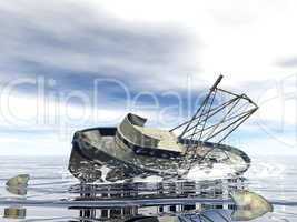 Fishing boat sinking - 3D render