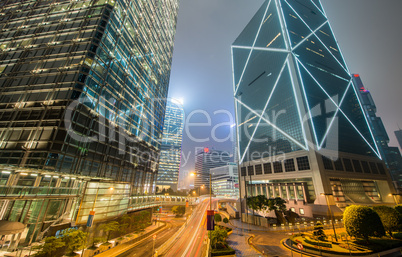 Upward view of Hong Kong Central skyscrapers at night