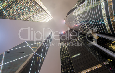 Upward view of Hong Kong Central skyscrapers at night