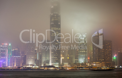 Hong Kong Island skyline on a foggy night