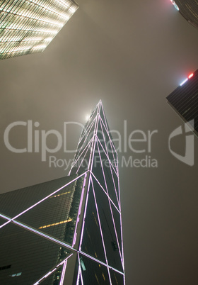 Upward view of Hong Kong Central skyscrapers at night