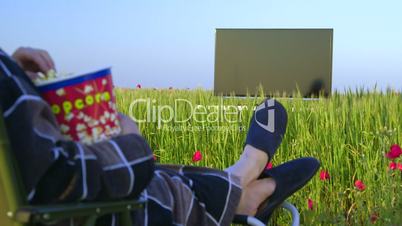 Housewife watching television on green meadow