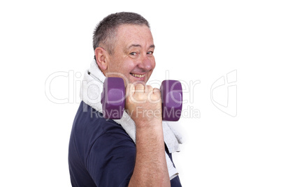 Elderly man with dumbbells during sport