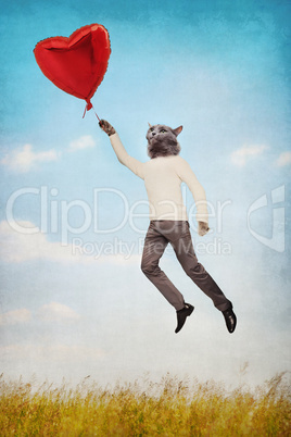 Cat people flying holding a balloon in the shape of heart