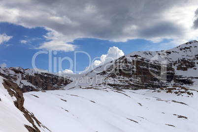 Snow rocks and cloudy sky