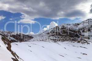 Snow rocks and cloudy sky