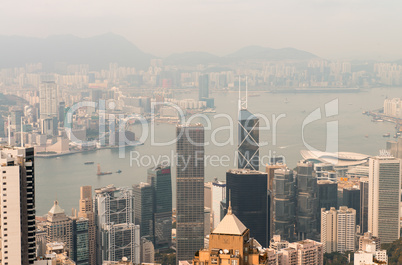 Hong Kong and Kowloon buildings. Aerial view of skyscrapers on a